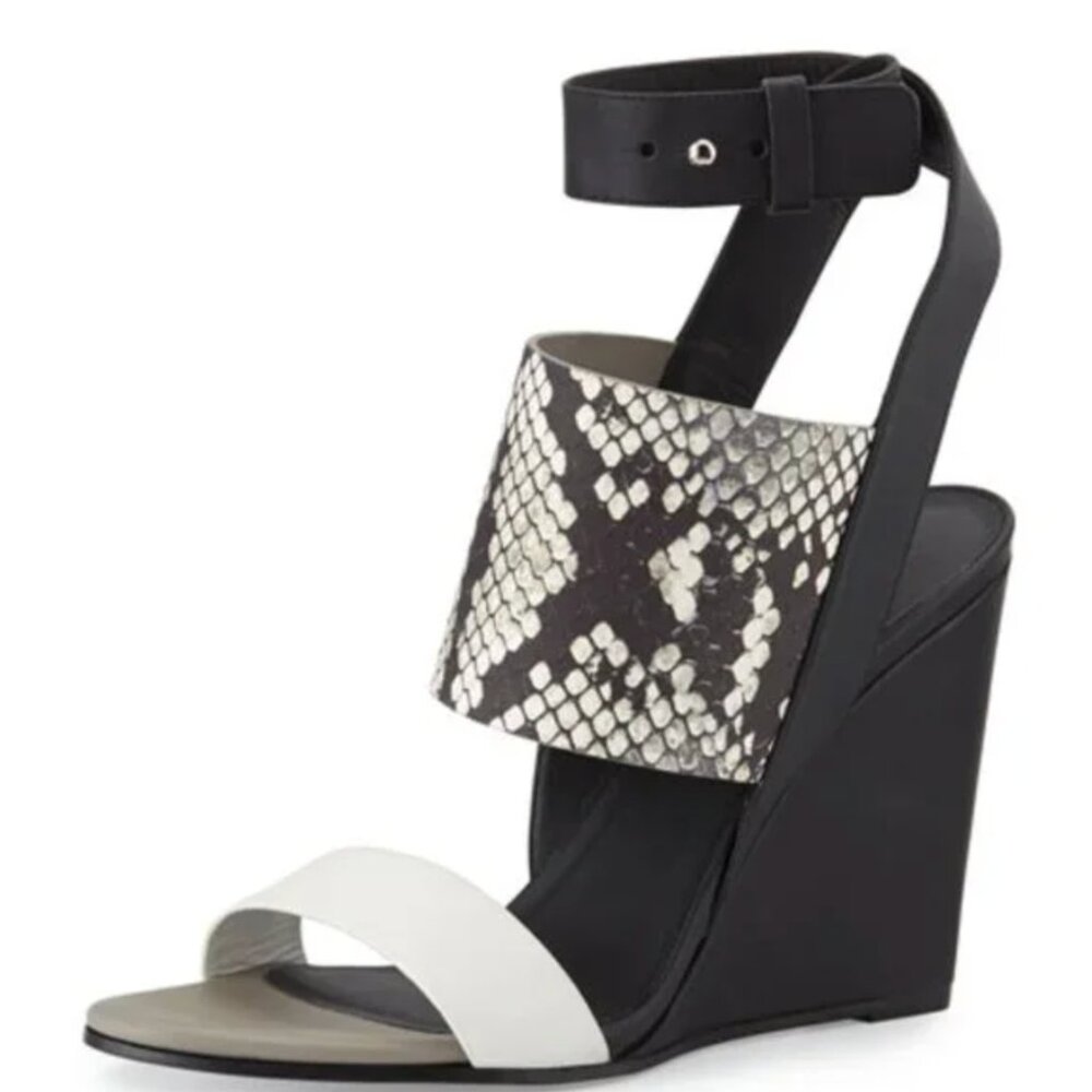 Vince Kyra Snakeskin Ankle Strap Wedge Sandals Black White Size 7